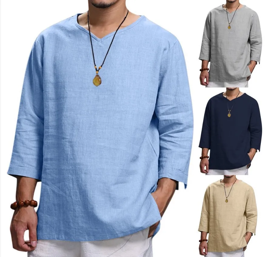 2021 Fashion Casual Loose V neck Linen Men's Shirt