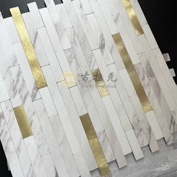 Self-Adhesive Stylish Marble Look Tile Inlay Gold Strip Aluminum Mosaic Tile for Home Decoration