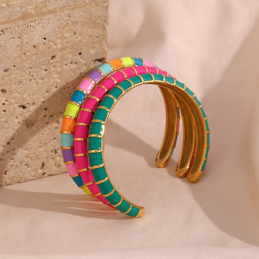 Colorful Enamel Open Design Fine Jewelry Bracelets Bangles for Girls 18k Gold Plated Stainless Steel Bangles for Women