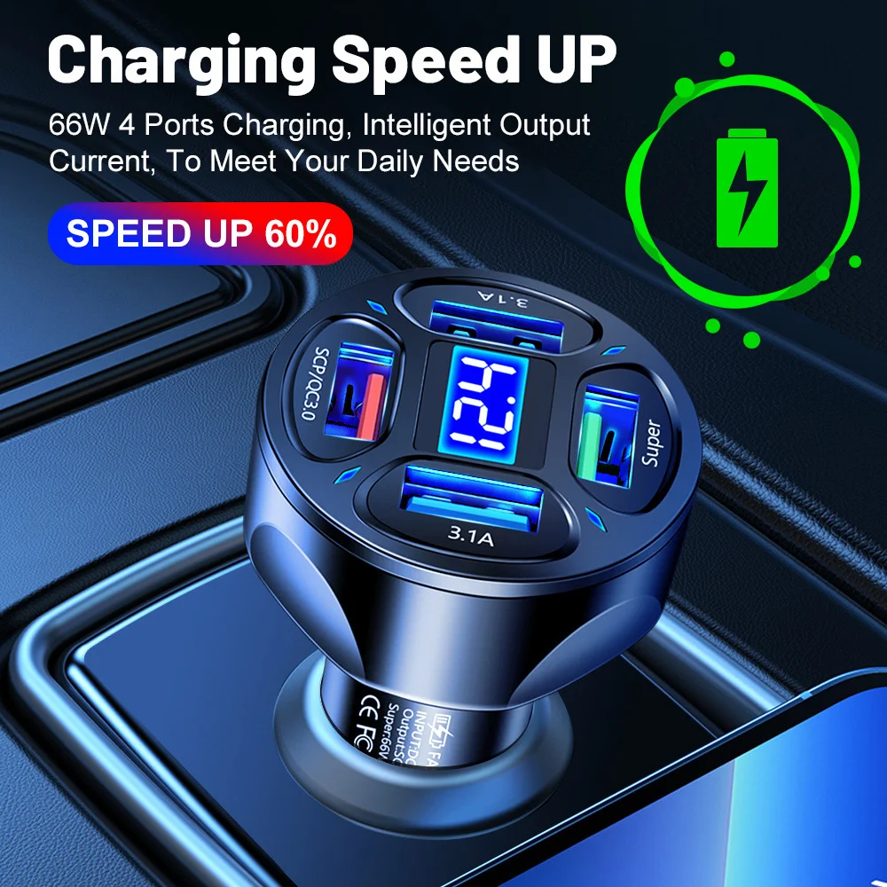 66W Digital Display Car Charger Adapter 4 USB Ports Fast Charger Quick Charge 3.0 Overcurrent OTG OLP USB Interface Car Charger