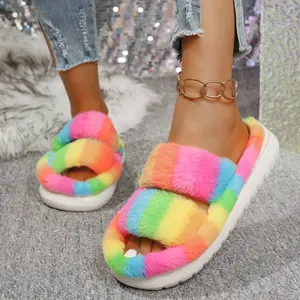 Wholesale Winter Plush Platform Fluffy Ladies Furry Indoor Outdoor Fashion Home Double Straps Rainbow Slippers for Women