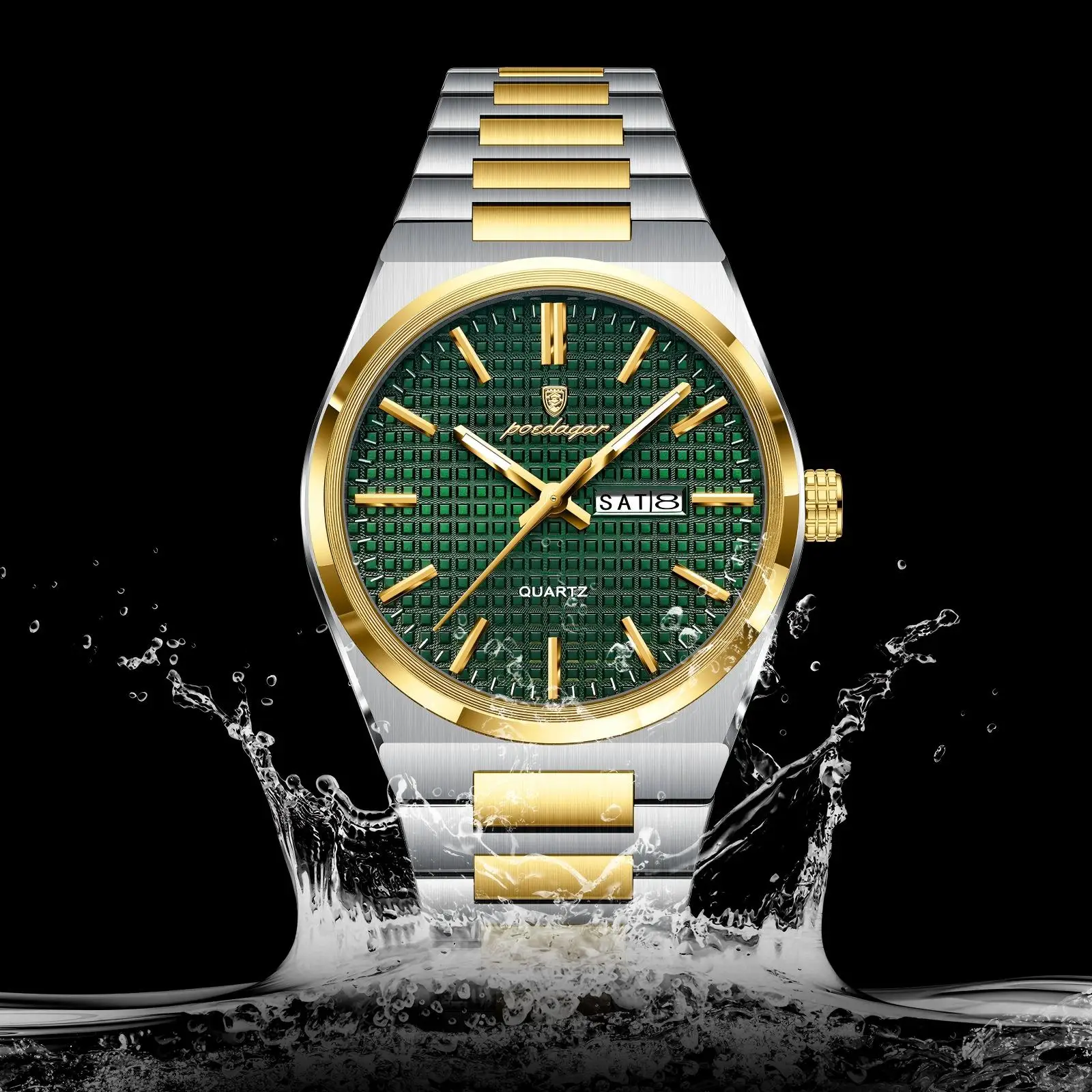 Olevs Orologi di lusso da uomo Orologio da polso al quarzo per uomo, Acciaio inossidabile, Data, Impermeabile, Fasi lunari, Moda e affari, Oro Blu, 3653  1511