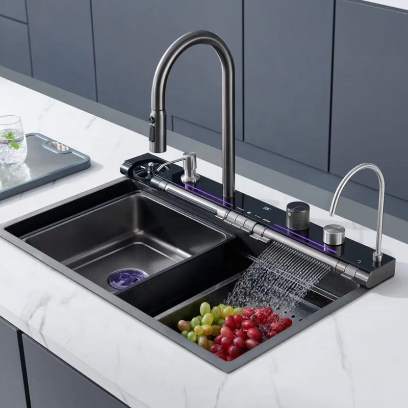 Multifunctional Smart Stainless Steel Nano Step Honeycomb Sink Kitchen Temperature Display Piano Key Waterfall Kitchen Sink Sets