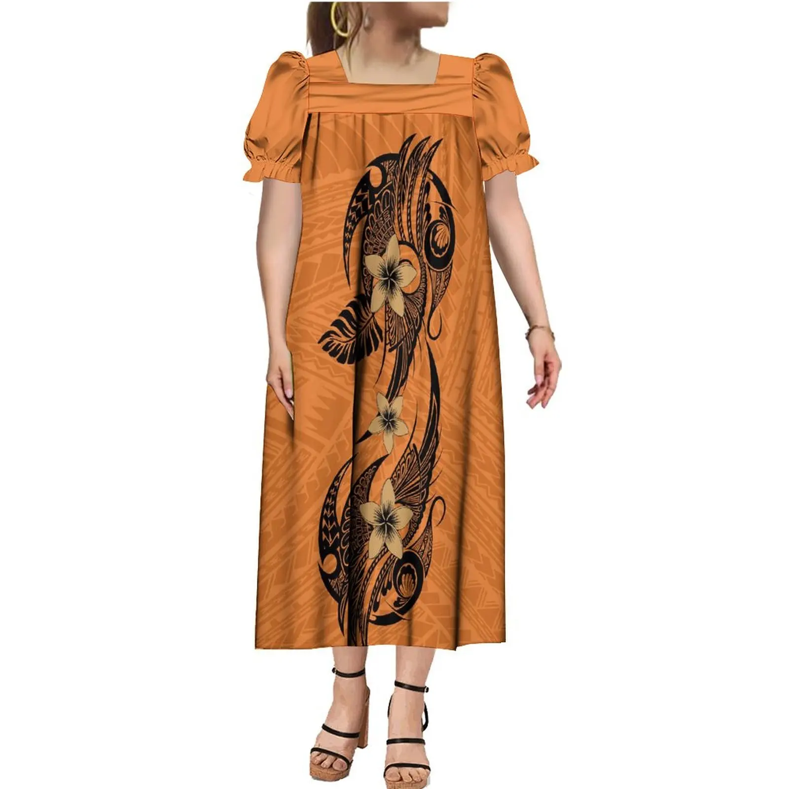 Wholesale OEM Customized Polynesian Tribal Design tretch Micronesian Muumuu Mumus Micronesia Mumu Dress Puff horts Leeve Quare Neck Puffy Midi Dresses Wholesale OEM Customized Polynesian Tribal Design tretch Micronesian Muumuu Mumus Micronesia Mumu Dress Puff horts Leeve Quare Neck Puffy Midi Dresses