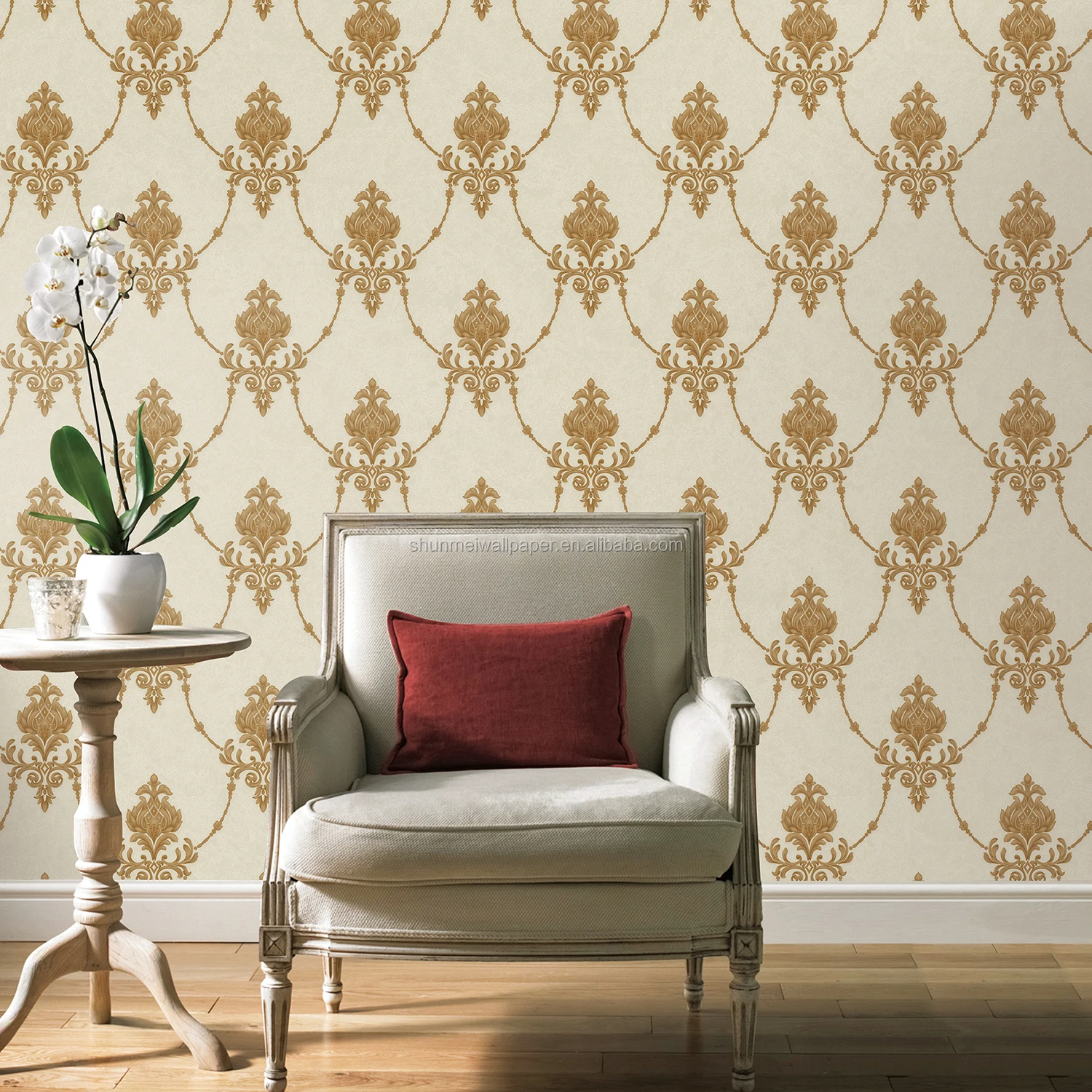 PVC Matte Golden Floral Damask Pattern Wallpaper for Home Size 50 Square  Feet