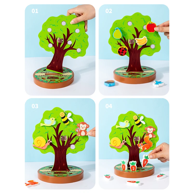 Montessori Early Education Wooden Toys Creative Animal Fruit Felt Sticker Tree Toy for Toddlers Fine Motor Skill Development