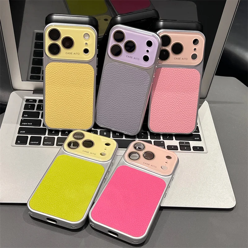 Luxury Lichee Pattern Leather Phone Case for iPhone 17 16 15 14 Pro Max Hard PC Camera Window Back Cover