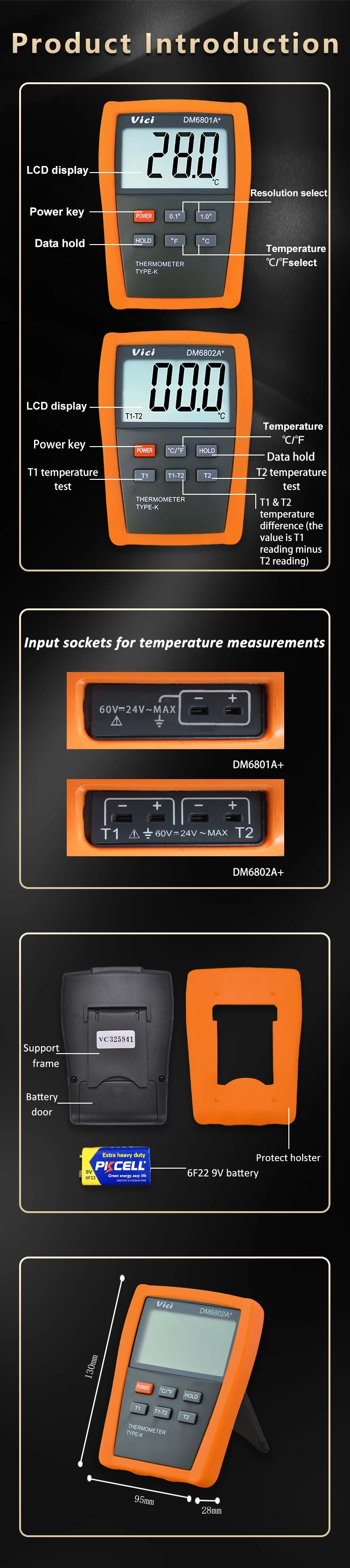 Vici K Type Thermometer DM6802A+ for Flame Thermostatic Faucet Boiler Tin Furnace Oven Oil Liquid Solid Temperature Test