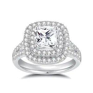 Custom Fine Jewelry 925 Silver Baguette Moissanite Rings Pave Halo Side Stones Wedding Band Women Anniversary