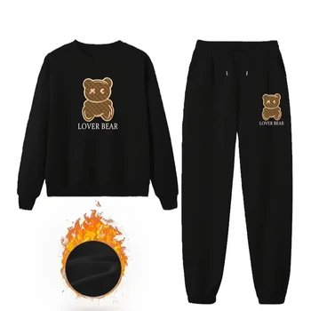 Women's wholesale new autumn and winter long sleeve bear print plus fleece pullover hoodie women sports pants casual 2 sets