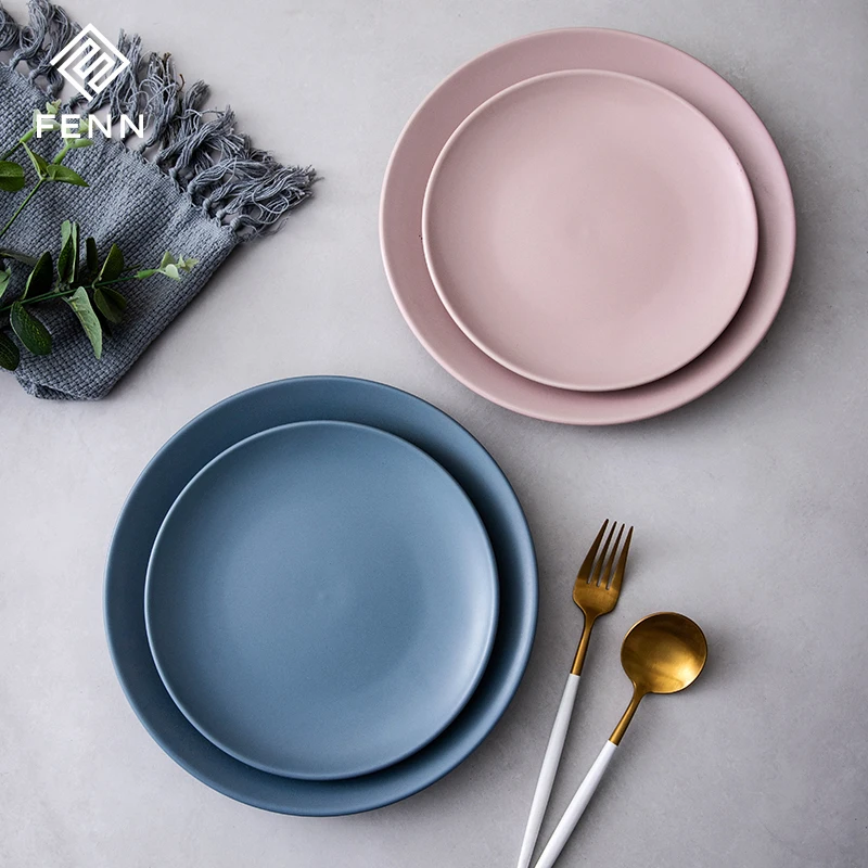 FENN Modern Matte Ceramic Plates Pink Blue Nordic Round Flat Charger Dessert Dinner Plate Sets For Wedding Dining