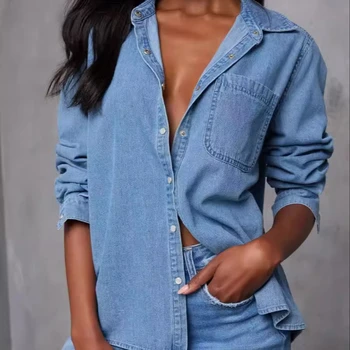 Denim Shirt Women's 24-year Cross-border European and American Autumn Fashion Casual Versatile Pocket Loose Long-sleeved Top 168