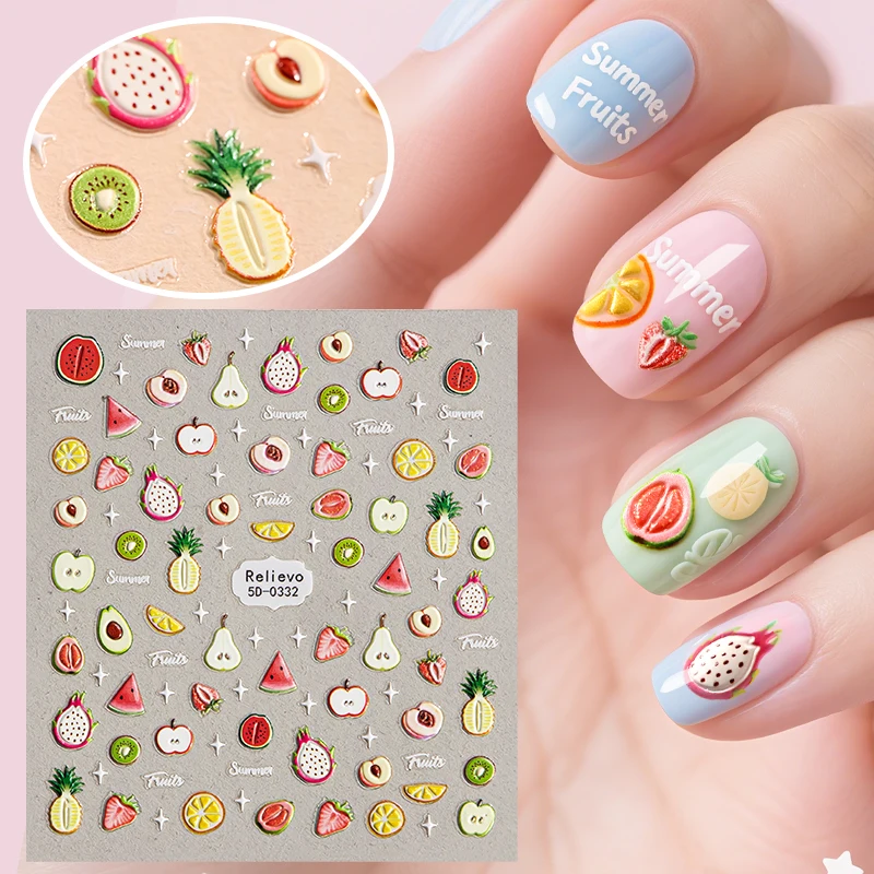 5D Geprägter Fruchtstil-Dragonfruit-Pfirsich-Wassermelone-Erdbeere-Kiwi-Design Selbstklebende Nageldecal