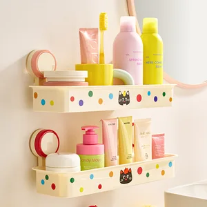 Single-Tiered Plastic Bathroom Rack Wall-Mounted Storage Organizer Suction Cup Washstand Makeup Storage Rack for Bathroom