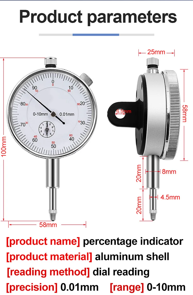 Dial Indicator Gauge 010mm Meter Precise 0.01mm Resolution