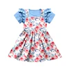 Pink Rose Floral Blue Ruffle Pinafore Dress
