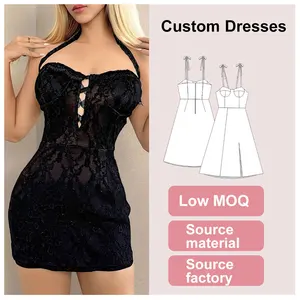 Women Clothing Club Dresses Wholesale Custom Elegant Lace Deep V Neck Mini Summer Casual Black Bodycon Party Apparel Empire ODM