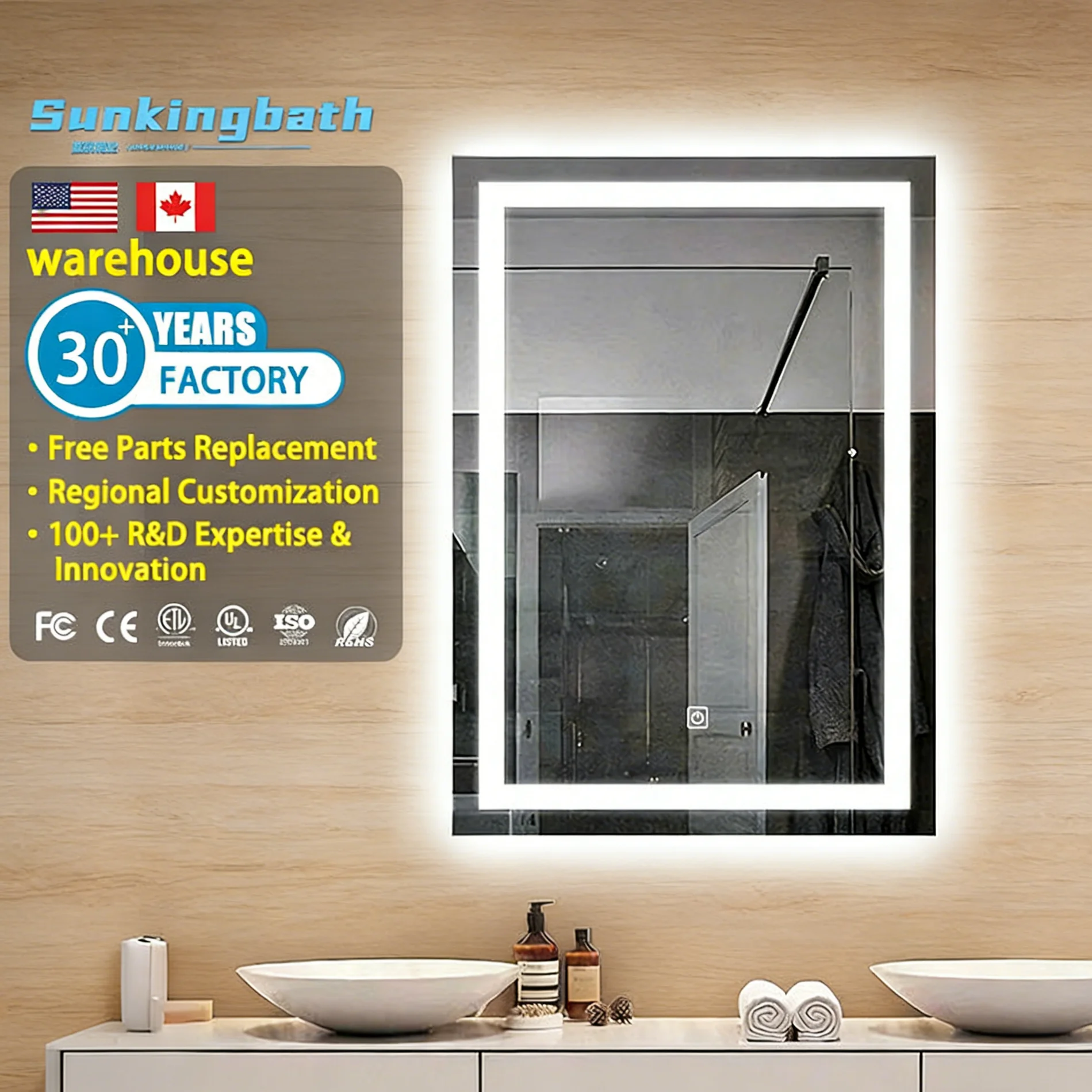 CF Frameless Luxury square Lighted Intelligent Wall Mount Bath Smart Antifog Touch Screen Bathroom Mirror with Led Light