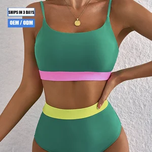 2026 High-Waisted Bikini Floral Camisole 2-Piece Set with Color-Blocked Trim Patchwork Design Beachwear Swimsuit