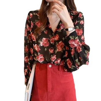 2022 women Hot Sale Fashion Korea Elegant Blouse Floral Printing Top Women Lady shirt