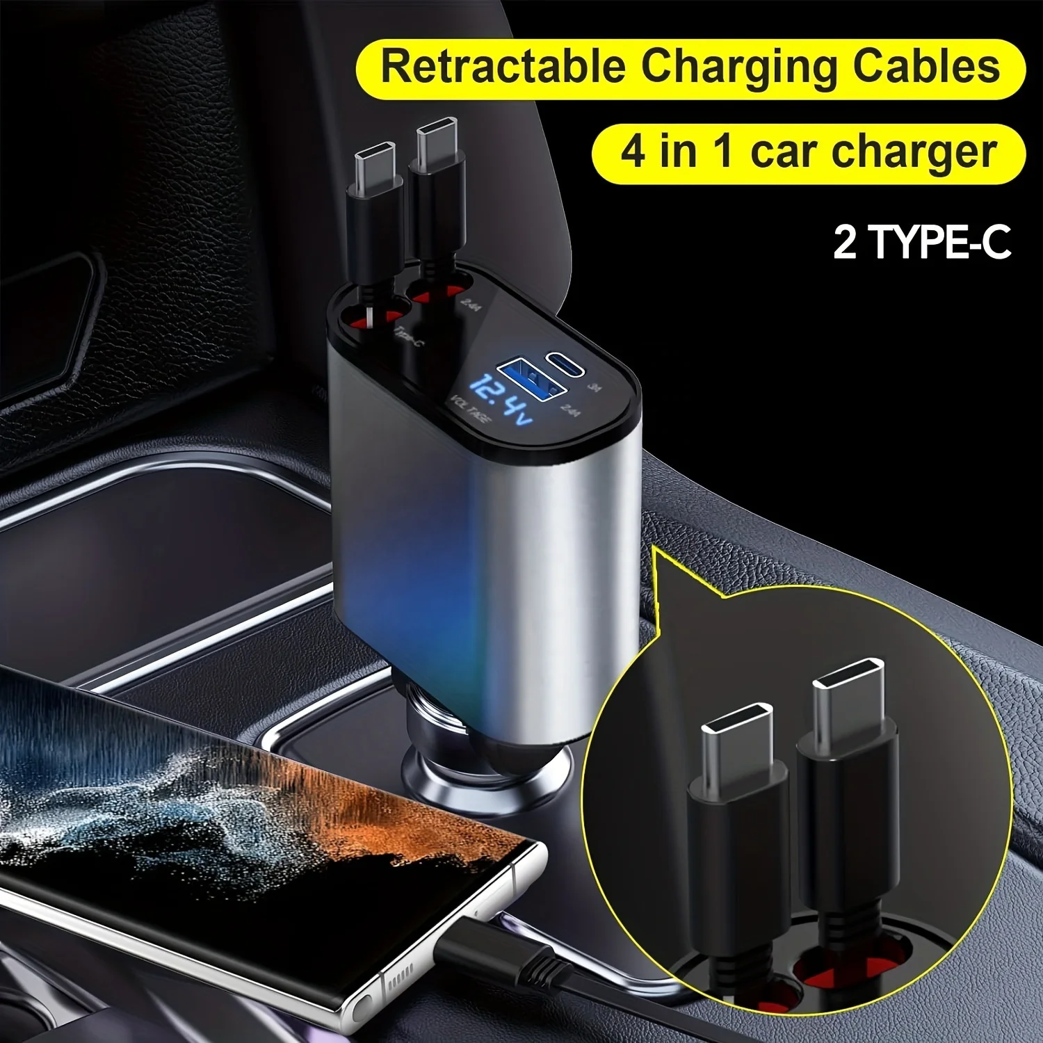 Car Charger 4 In 1 With Dual Retractable Cable Dual Port Usb C Pd Fast ...