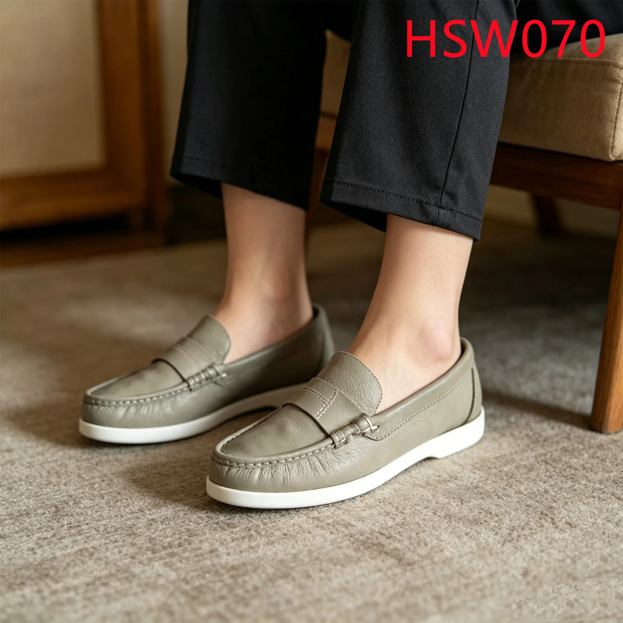 ZYF,seaside Vacations Mask Style Hand Made Boat Shoes Social Gathering Best Embossed Leather Sage Green Lazy Shoes HSW070