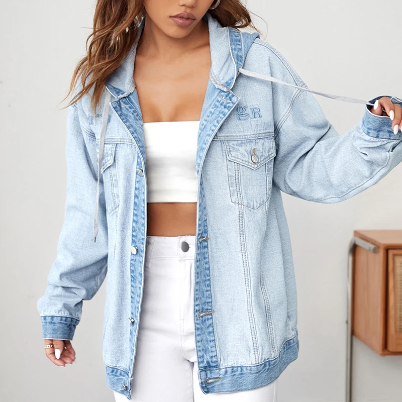 Oem Women's Hooded Denim Jean Jacket Women Casual Outwear Fall Button Up Coat Denim Jacket For Ladies