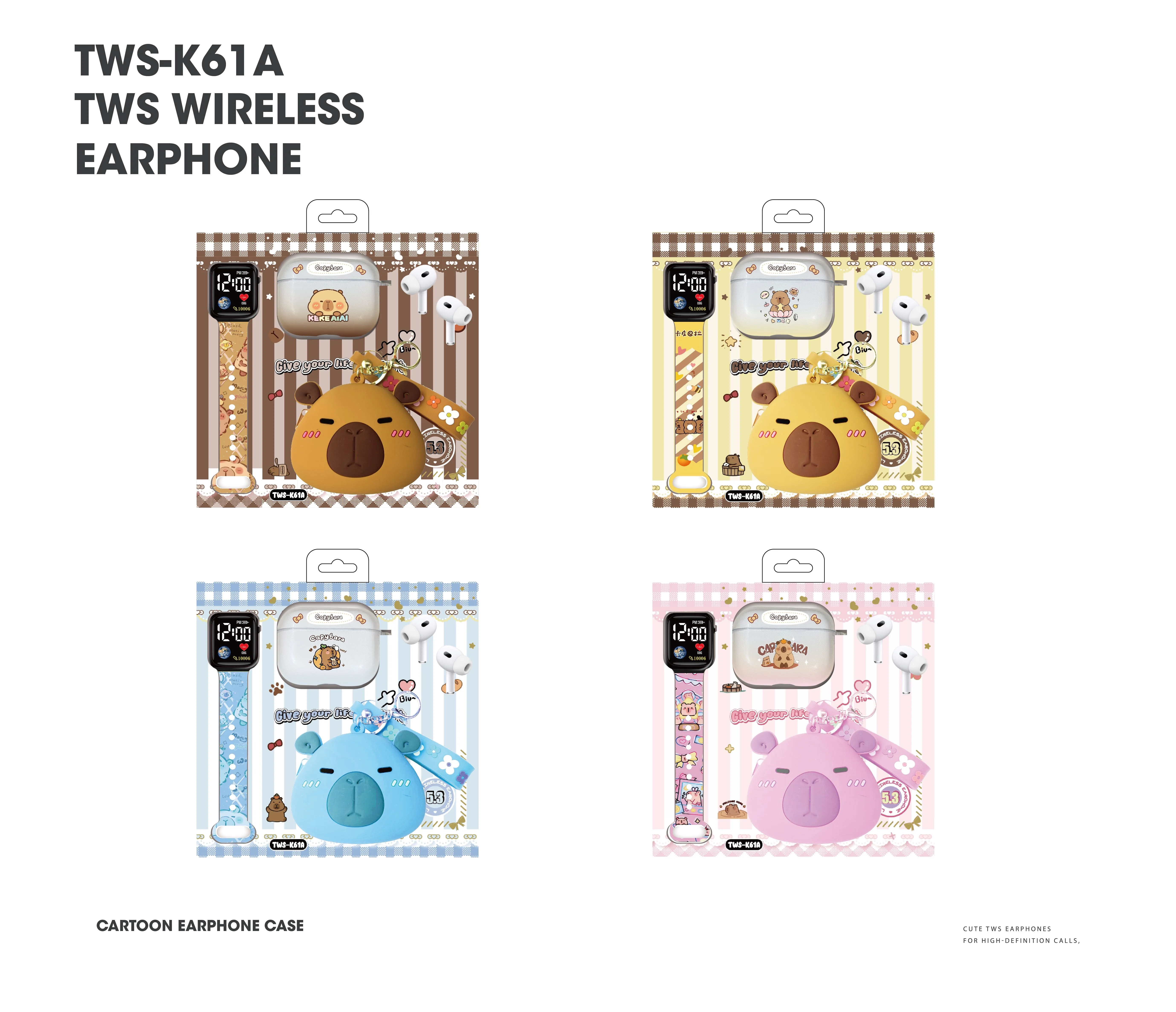 New TWS K61A Cartoon Bluetooth Earphones with Adorable Silicone Case Capybara Silicone Pouch LED Watch!