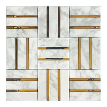 Italian Carrara White Color Marble Stone And Brass Inlay Mosaic Tile For Floor Decoration