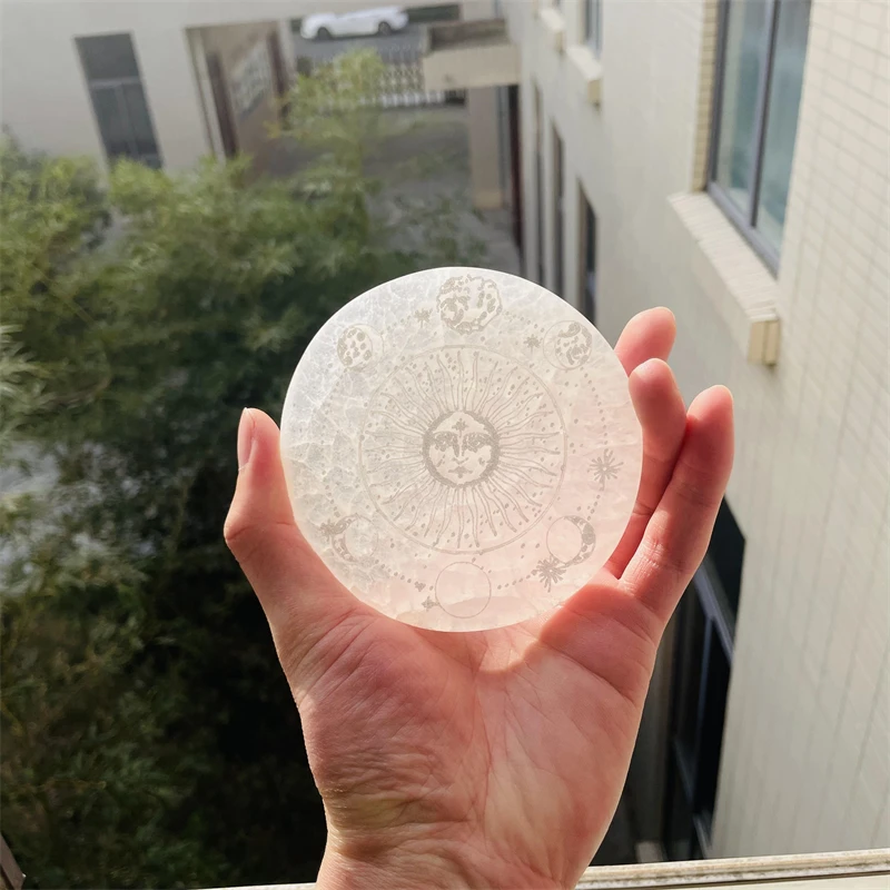 10 cm High Quality Selenite Tree of Life 12 Constellations Coaster Plate Engraved With Chakra Symbol Selenite Carving Slice