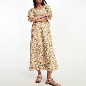 Casual Arrival Women's Square Neck Three-quarter-length Sleeves Cotton Flax Shirred Orange Ditsy Midi Dress