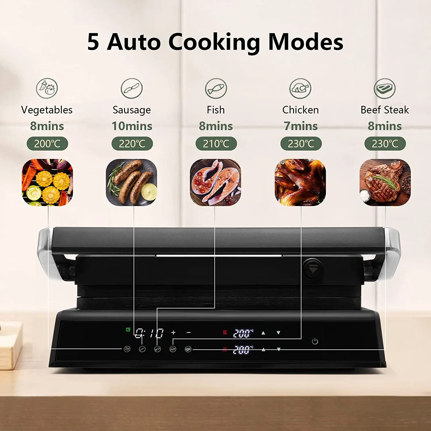 Electric Grill with Digital Control Sandwich Press Panini Maker Sandwich Toaster 3 in 1 Contact Grill Toaster Indoor Grill