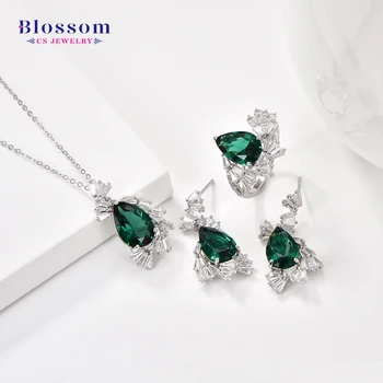 Blossom CS Wholesale Quality Drop Shaped Emerald Set 925 Sterling Silver Zirconia Fashion 3 Piece Jewelry Sets For Women