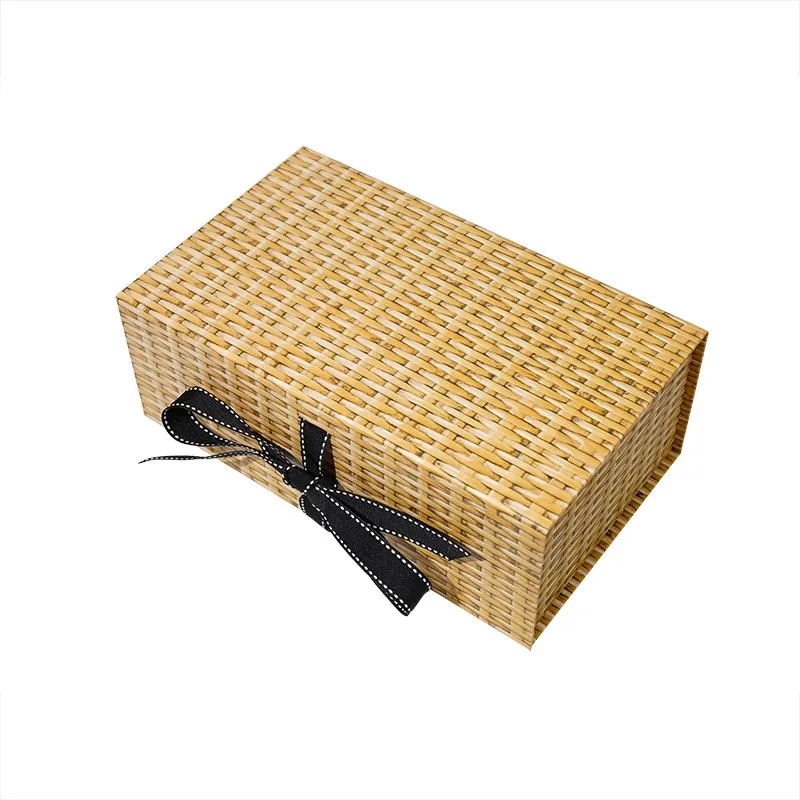Custom Folding Gift Box with Woven Rattan Texture and Black Ribbon Bow Flat Pack Design for Gift Packaging Wholesale Supplier