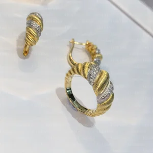 GEMLOVE Classic 18K Gold 5.58g Stackable Set - Lab Diamond Croissant Twist Ring & Stud Earrings