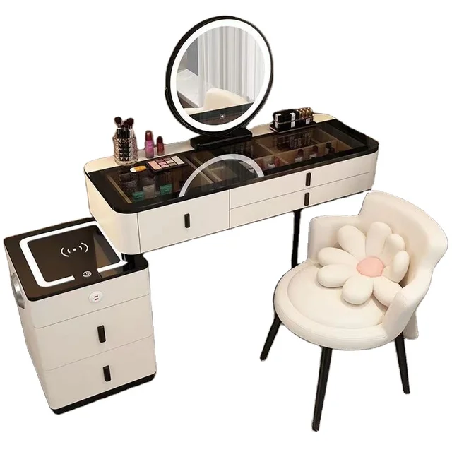 MDF White Makeup Vanity Dressing Table With Mirror And Stool Drawers Storage MDF Modern Bedroom Furniture