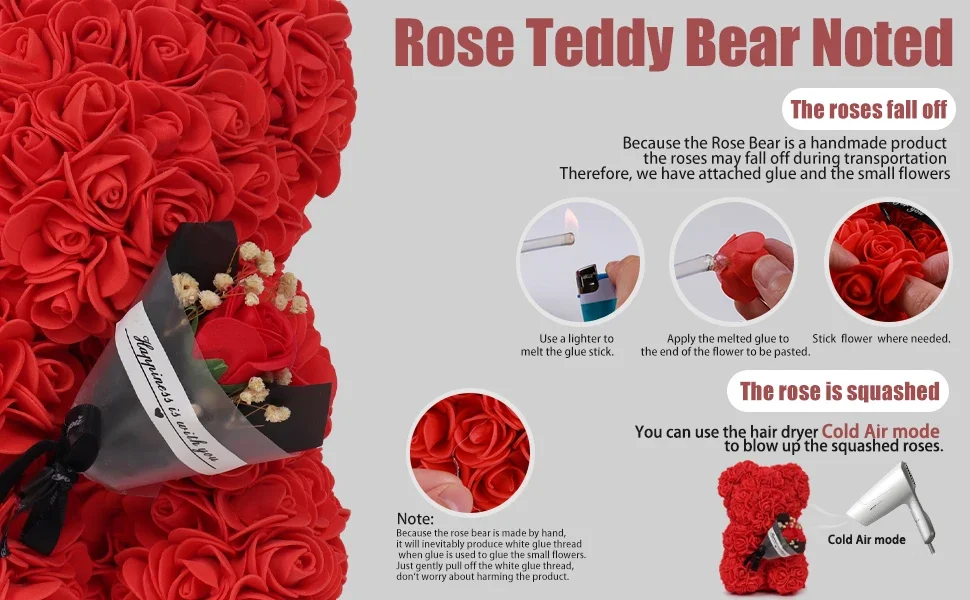 Valentine's Day Gift Boxes Artificial Christmas Ladies Rose Bath Flower Red Teddy Plush Bear:fake rose bear plush toys