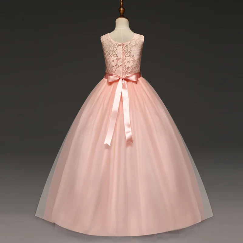 Праздничные кружевные платья для девочек, свадебное платье принцессы без рукавов с большим бантом и цветами для маленьких девочек