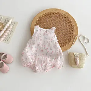 Custom Summer Cute Baby Girl Tulip Bunny Romper O-Neck Casual Pink ODM