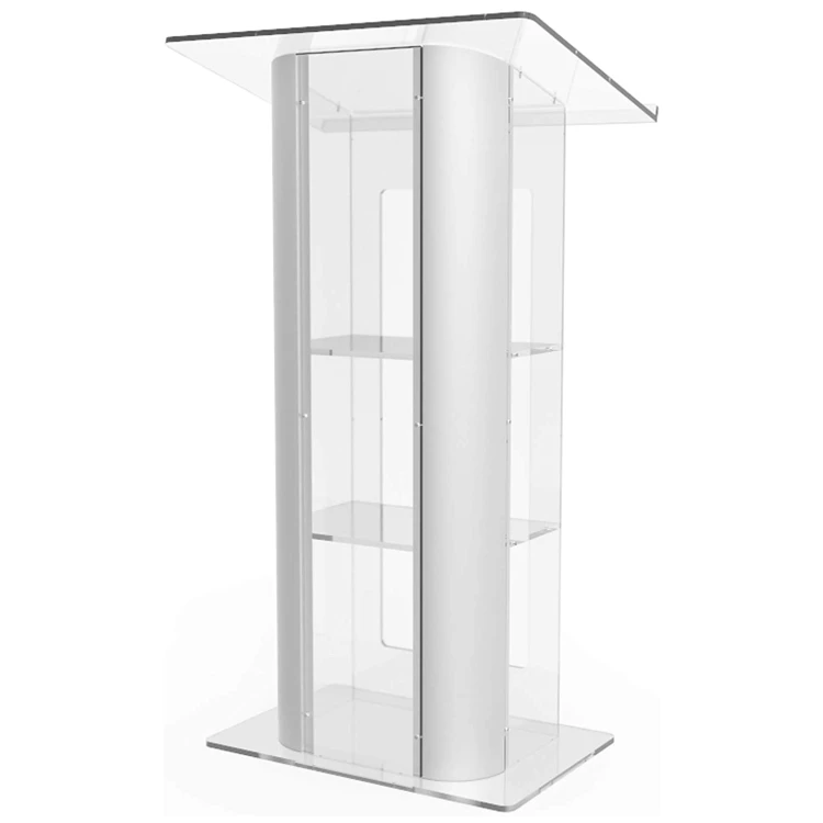 Modern Clear Plexiglass Acrylic Lectern Curved Brushed Stainless Steel Sides Pulpit Acrylic Podium Stand for Church School Hotel