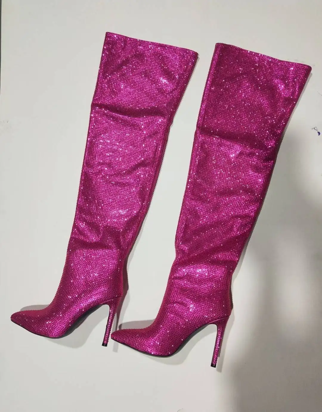 Hot Pink Botas Largas Rhinestone Western Style Tube Stocking Heel Plus Size  Over the Knee Thigh High Boots - Main Image