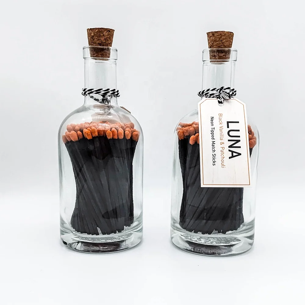 Custom Sticker Jar Black Safety Matches Glass Bottle Matches Jar Glass Long Black Stick Wood Matches Colorful Tips