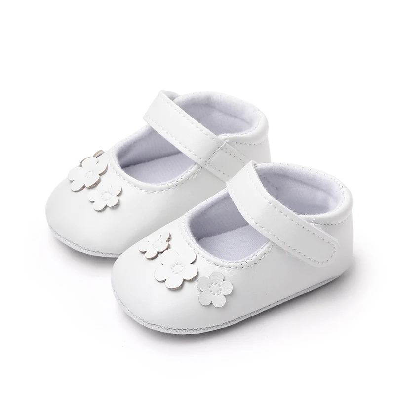 Spring and Autumn New Girl Baby Pure White Cute Flower PU Leather Baby Princess Walking Shoes for Girls supplier