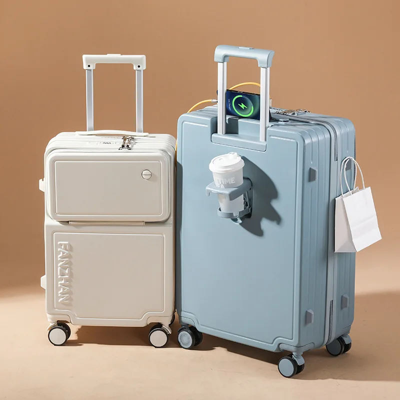 Multifunctional Travel Suitcase with Front Open USB Charging Cup Holders and Side Hook Boarding Luggage