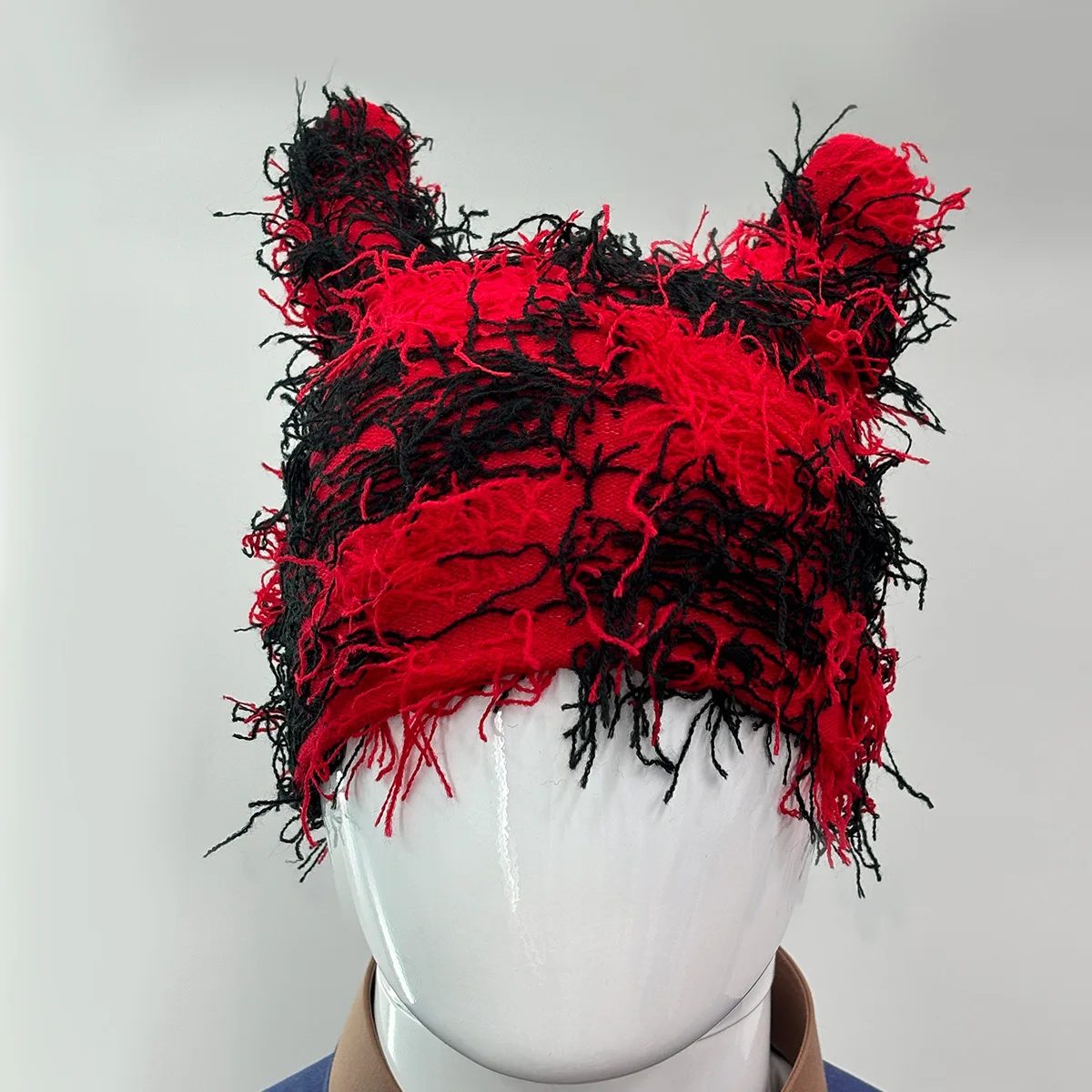 New Arrival Designer Custom logo Cat Ear Mask Ski Balaclava Jacquard Embroidery Distressed Winter Knitted Furry Y2K Beanie Hat