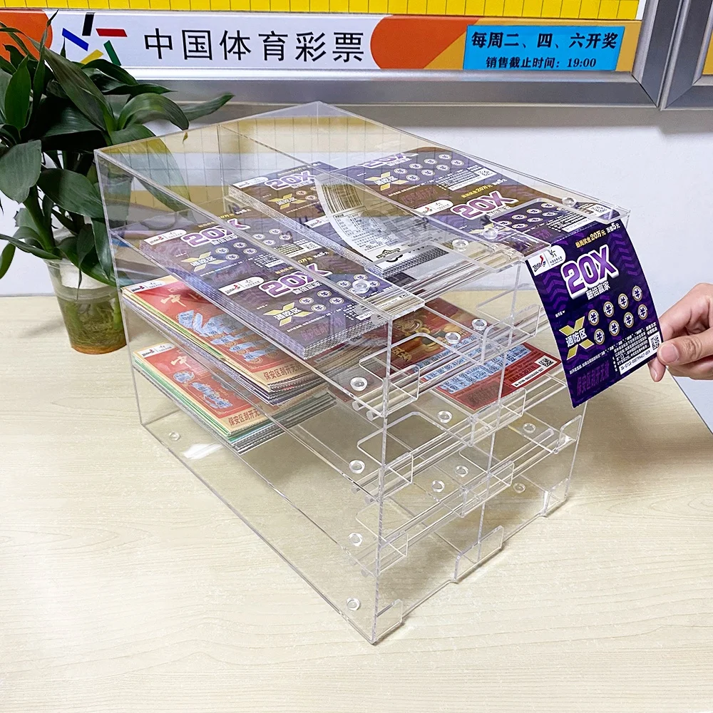 Lottery Store 4 Layers Custom Logo Countertop Plastic Lottery Ticket Display Box Dispenser Clear Acrylic Lottery Box