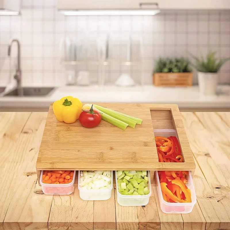 Bambus Schneide bretter Schublade Benutzer definiertes Logo Bambus schalen  sammeln Holz schneiden Lagerung Organizer Board mit Containern Tabletts