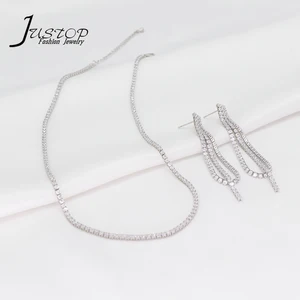 Popular Trendy Tassel Copper Jewelry Women's Zircon 18k Gold Silver Chain Necklace Earring Jewelry Set