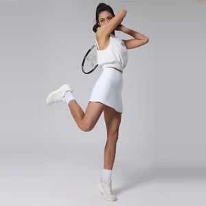 Fashion Tennis Wear 2 Piece Set Women V-neck Sleeveless Tennis Dress Outdoor Running Anti-Slip Lining Tennis Skirt with Pockets