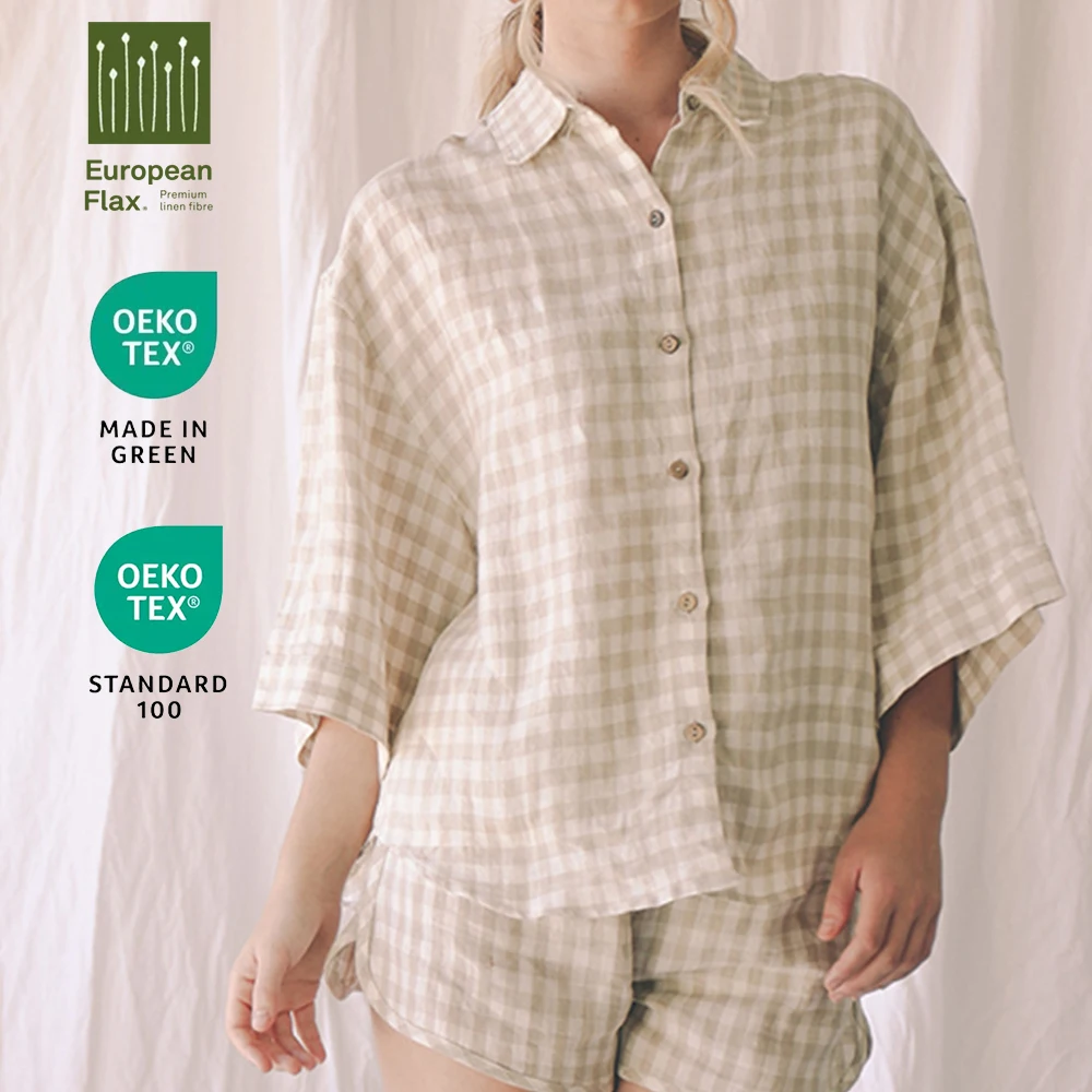 Organic 100% Linen Pyjama Set Classic Design Unisex for Men & Women Summer Sleepwear Piping ODM Family Pajama Gift Sets France